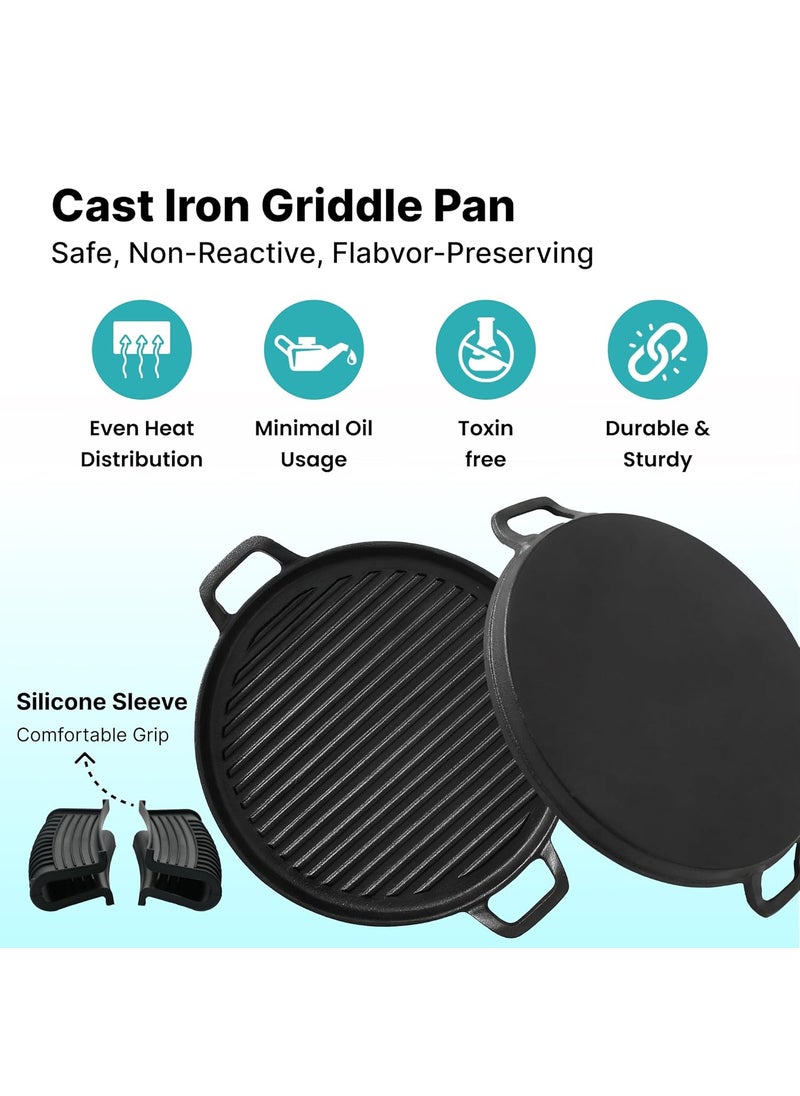 The Better Home Rustic Series Cast Iron Grill Pan Christmas Gifts Enamel Coated CastIron with Silicon Sleeve Gas Induction Cookware with Ergonomic Handle Grill Tawa Pan Black