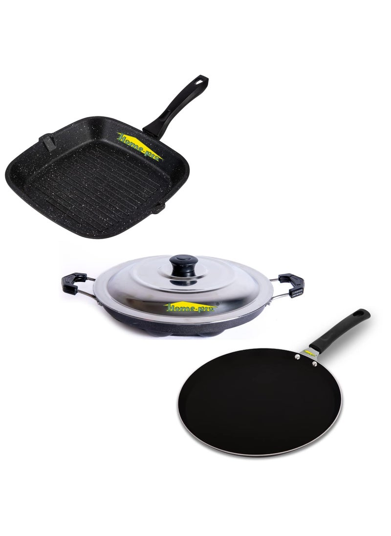 HomePro Grill Pan Dosa Tawa Black Appam Black Non Stick Combos Pot Pan Set Aluminium Set Bakelite Handle Combo Pack of 3