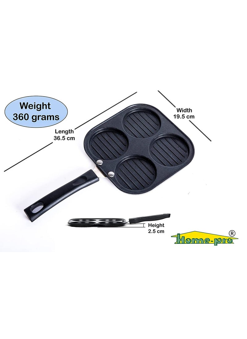 HOMEPRO NonStick Aluminium Uttapam Grill Pan Single bakelite Handle 4 Cavity Multi Snack Maker Uttapam Mini Crepe Pancake Maker Black Pack of 1