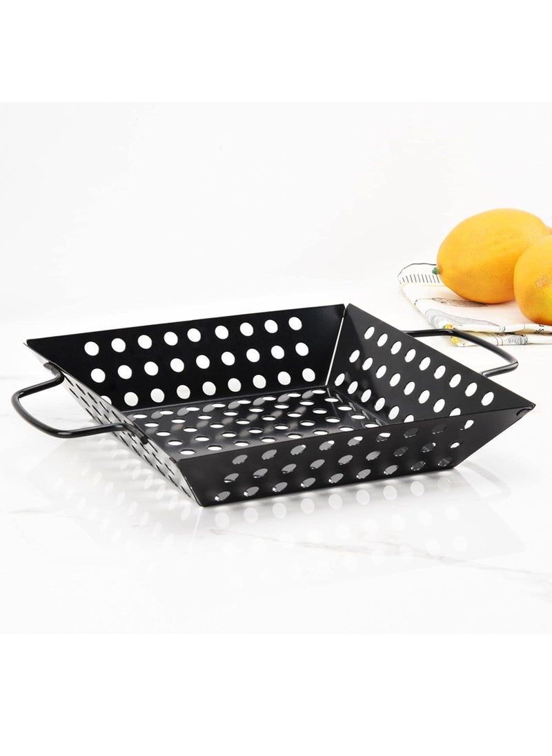 Kruvad Heavy Duty Square BBQ Tray Nonstick Carbon Steel Grilling Wok Pan for Veggies Meat and Grill Topping Black Barbecue Pan with Oil Drain Tray for Camping Home