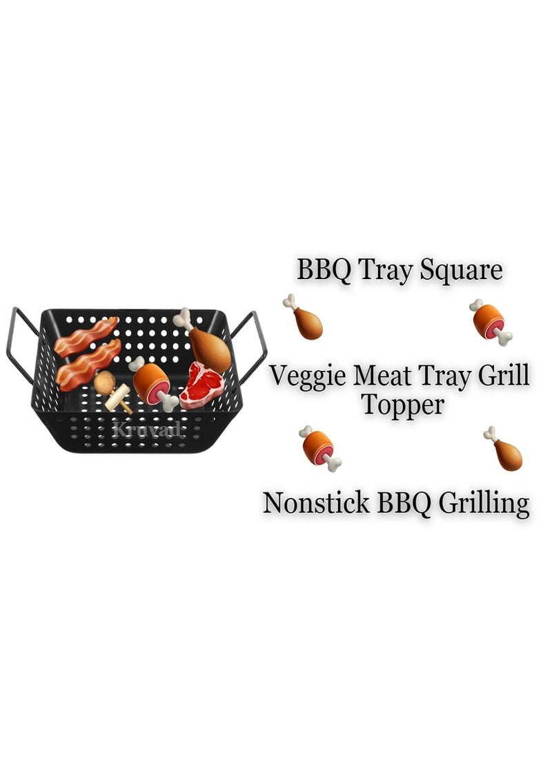 Kruvad Heavy Duty Square BBQ Tray Nonstick Carbon Steel Grilling Wok Pan for Veggies Meat and Grill Topping Black Barbecue Pan with Oil Drain Tray for Camping Home