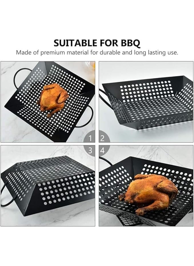 Kruvad Heavy Duty Square BBQ Tray Nonstick Carbon Steel Grilling Wok Pan for Veggies Meat and Grill Topping Black Barbecue Pan with Oil Drain Tray for Camping Home