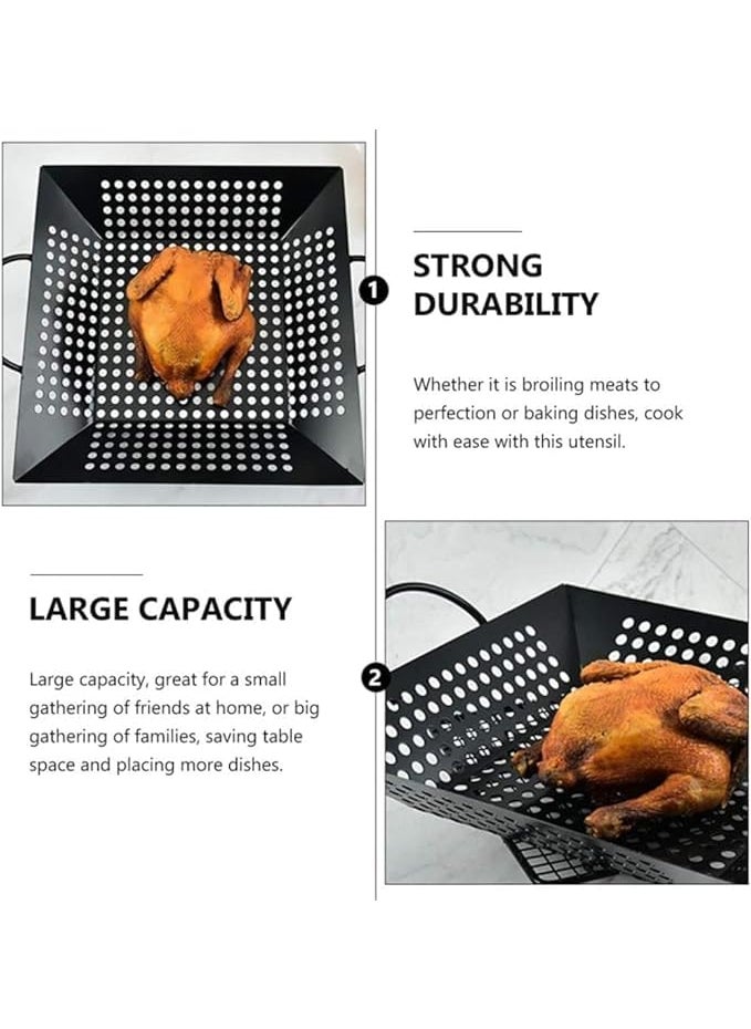 Kruvad Heavy Duty Square BBQ Tray Nonstick Carbon Steel Grilling Wok Pan for Veggies Meat and Grill Topping Black Barbecue Pan with Oil Drain Tray for Camping Home