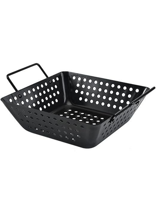 Kruvad Heavy Duty Square BBQ Tray Nonstick Carbon Steel Grilling Wok Pan for Veggies Meat and Grill Topping Black Barbecue Pan with Oil Drain Tray for Camping Home