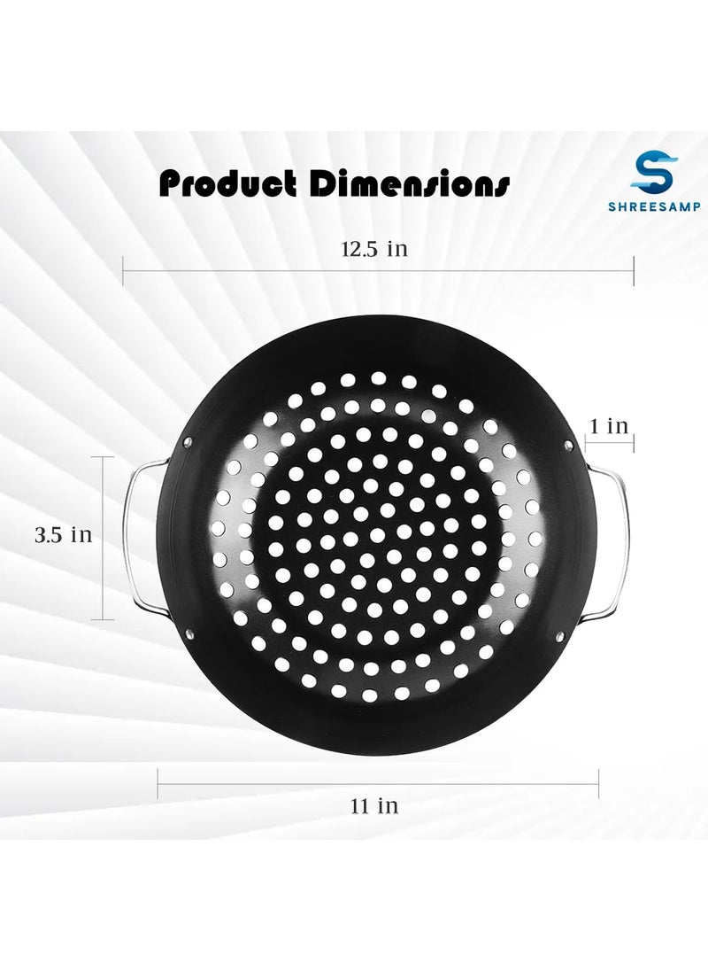SHREESAMP Barbecue Nonstick Mini Round Wok Topper Black Vegetable Grill Baking Serving Tray For Vegetable Grill Kabob Frying Pan Pizza Bakeware Round Plate BBQ Gas Grill Oven Metal Plate 30x28x7 CM