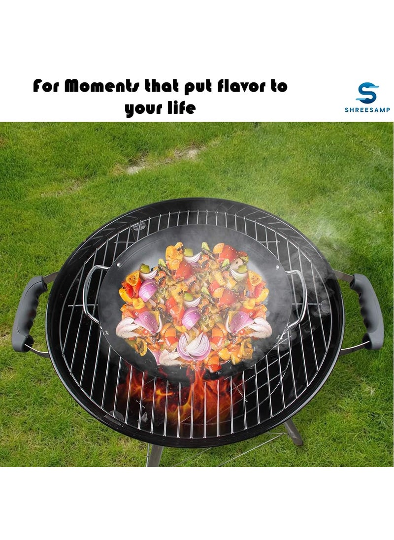 SHREESAMP Barbecue Nonstick Mini Round Wok Topper Black Vegetable Grill Baking Serving Tray For Vegetable Grill Kabob Frying Pan Pizza Bakeware Round Plate BBQ Gas Grill Oven Metal Plate 30x28x7 CM