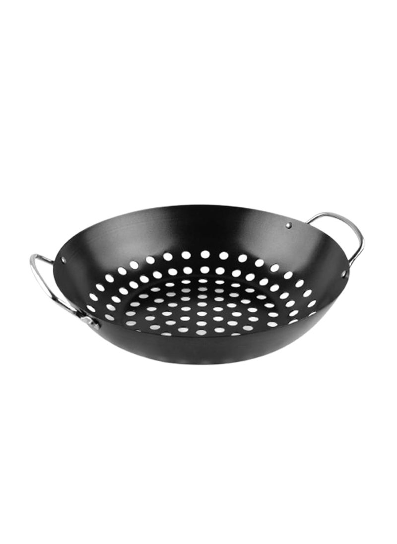 SHREESAMP Barbecue Nonstick Mini Round Wok Topper Black Vegetable Grill Baking Serving Tray For Vegetable Grill Kabob Frying Pan Pizza Bakeware Round Plate BBQ Gas Grill Oven Metal Plate 30x28x7 CM