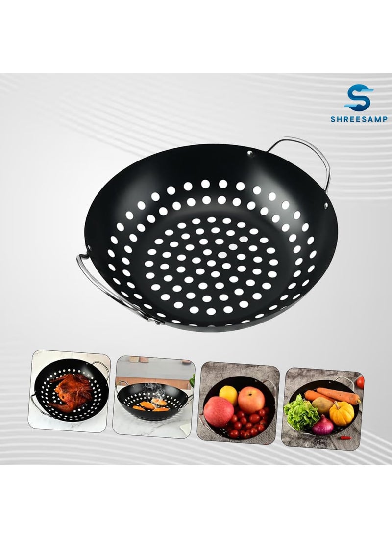 SHREESAMP Barbecue Nonstick Mini Round Wok Topper Black Vegetable Grill Baking Serving Tray For Vegetable Grill Kabob Frying Pan Pizza Bakeware Round Plate BBQ Gas Grill Oven Metal Plate 30x28x7 CM