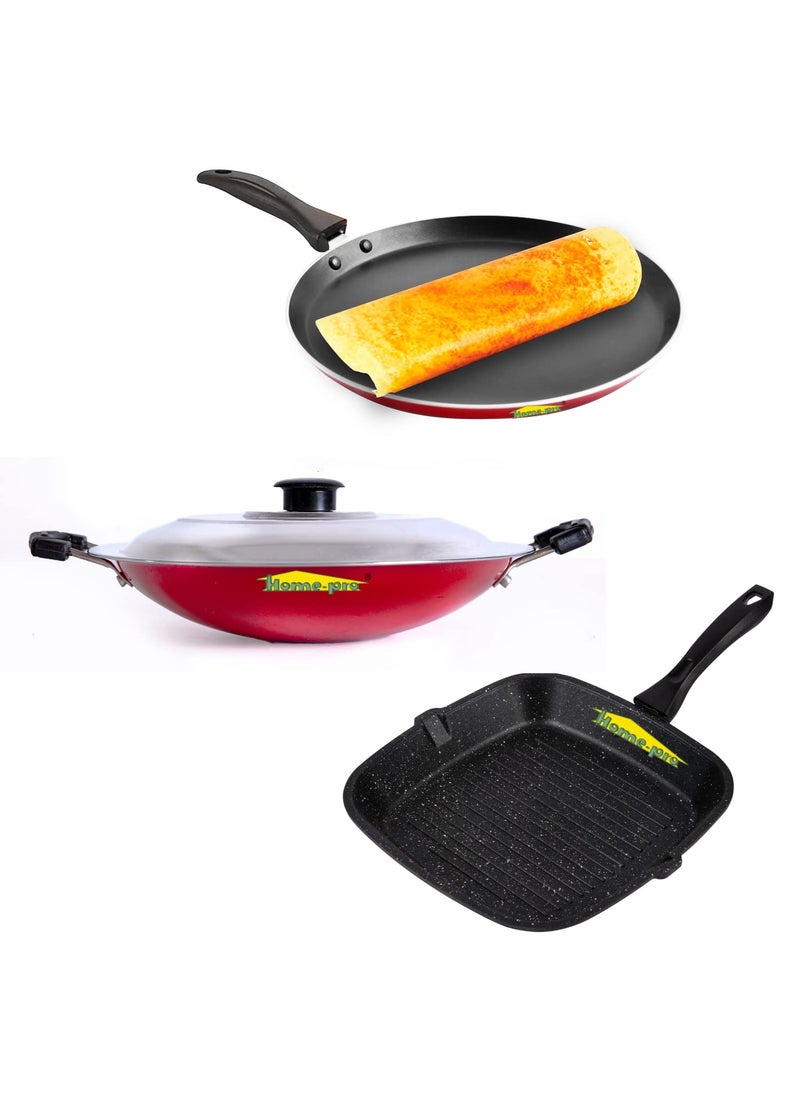 HomePro Grill Pan Dosa Tawa Red Appam Chhaty Non Stick Combos Pot Pan Set Aluminium Set Bakelite Handle Combo Pack of 3