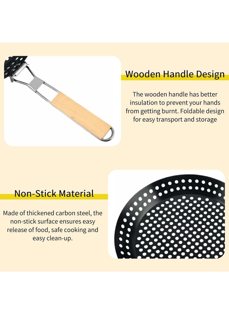 Snevad Round BBQ NonStick Grilling Skillet AntiRust Grilling Pan with Wooden Handle Detachable Grill Accessories Cooking Tools Barbecue Nonstick Pan Grill Skillet Pizza Baking Tray 53x30x8 CM