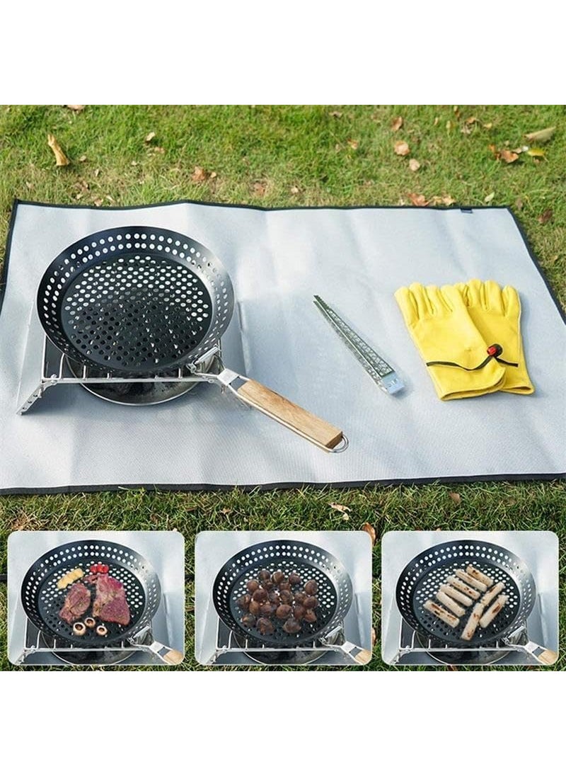 Snevad Round BBQ NonStick Grilling Skillet AntiRust Grilling Pan with Wooden Handle Detachable Grill Accessories Cooking Tools Barbecue Nonstick Pan Grill Skillet Pizza Baking Tray 53x30x8 CM