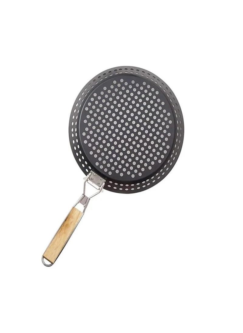 Snevad Round BBQ NonStick Grilling Skillet AntiRust Grilling Pan with Wooden Handle Detachable Grill Accessories Cooking Tools Barbecue Nonstick Pan Grill Skillet Pizza Baking Tray 53x30x8 CM
