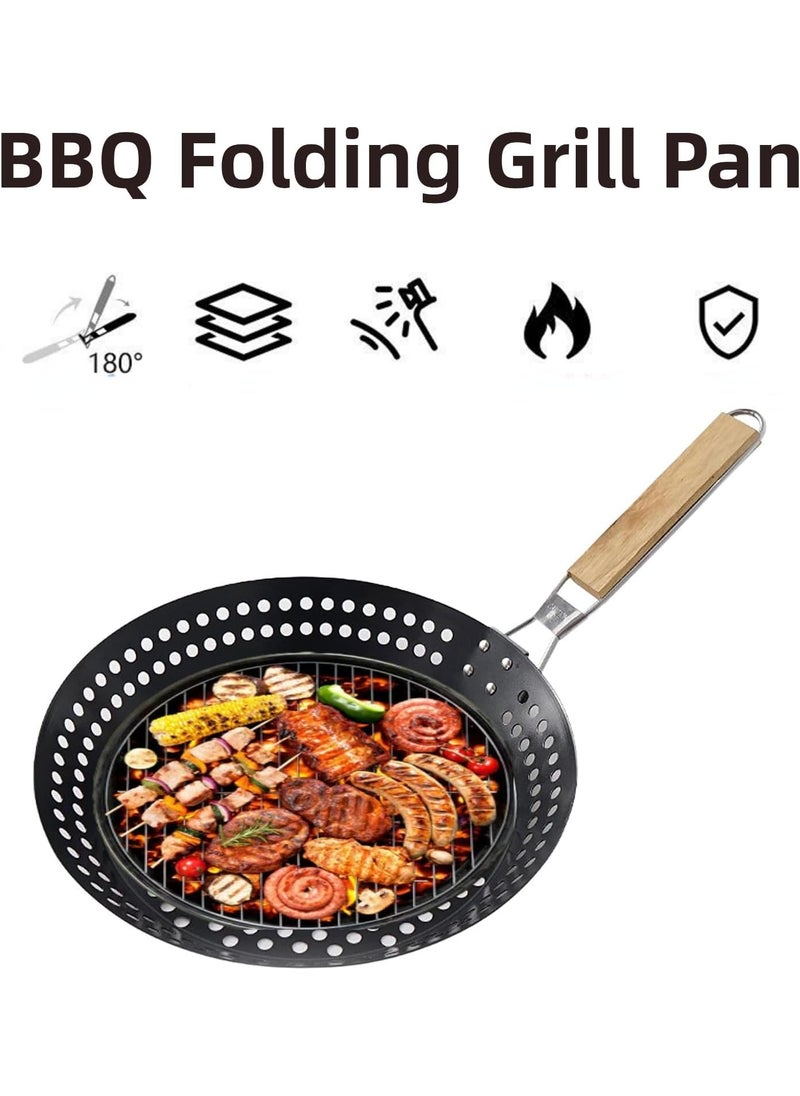 Snevad Round BBQ NonStick Grilling Skillet AntiRust Grilling Pan with Wooden Handle Detachable Grill Accessories Cooking Tools Barbecue Nonstick Pan Grill Skillet Pizza Baking Tray 53x30x8 CM
