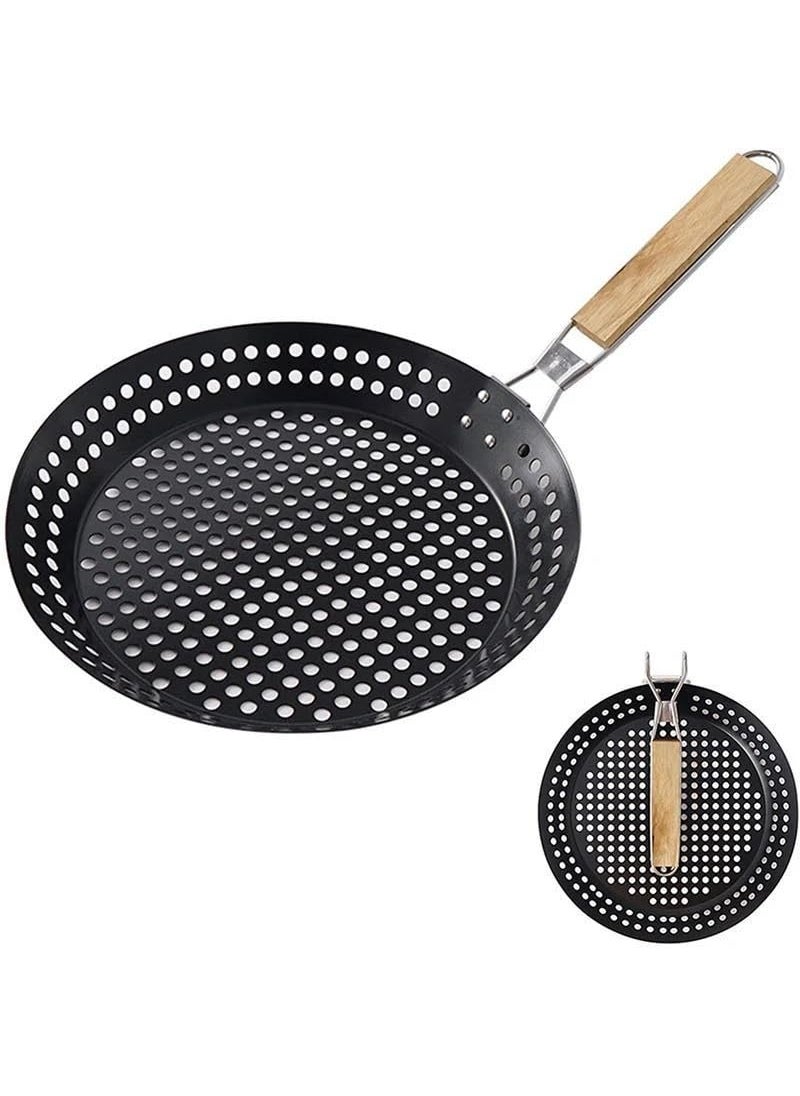 Snevad Round BBQ NonStick Grilling Skillet AntiRust Grilling Pan with Wooden Handle Detachable Grill Accessories Cooking Tools Barbecue Nonstick Pan Grill Skillet Pizza Baking Tray 53x30x8 CM
