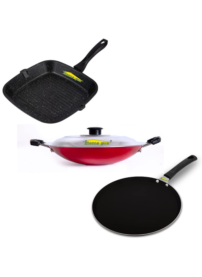 HomePro Grill Pan Dosa Tawa Black Appam Chhaty Non Stick Combos Pot Pan Set Aluminium Set Bakelite Handle Combo Pack of 3