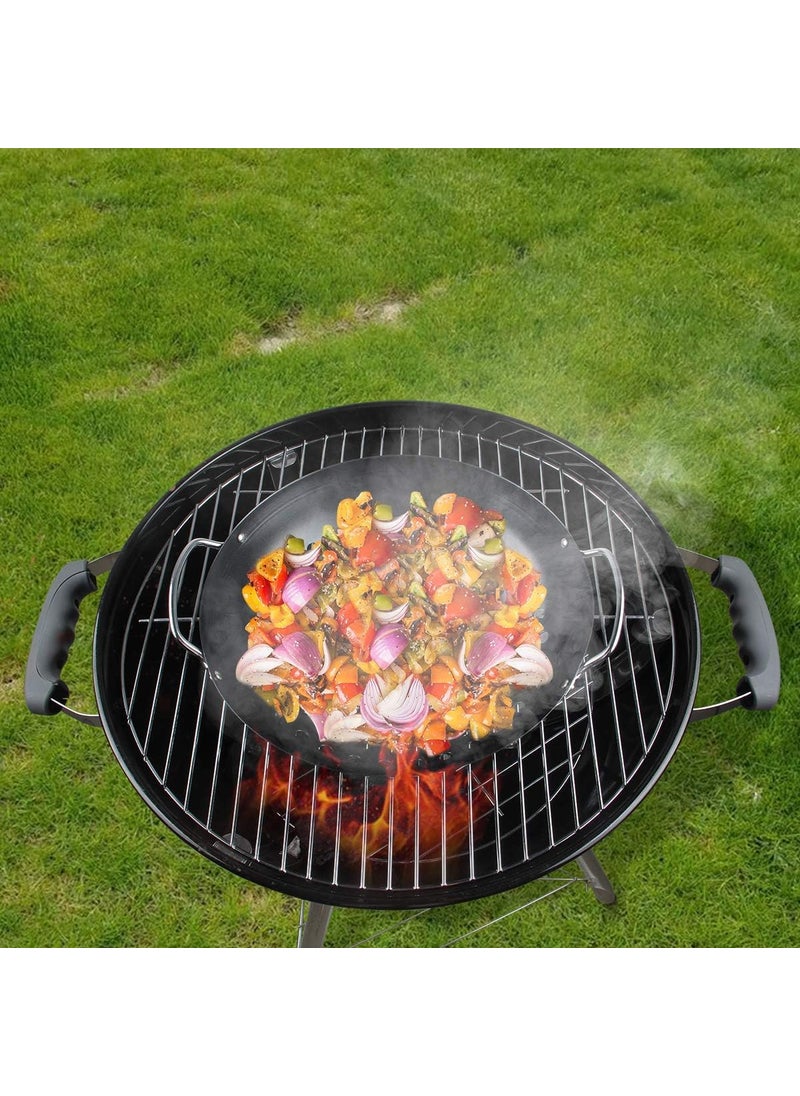 Valajogi NonStick Metal Grilling Skillet Round Grill Wok with Handle for Egg Veggie Basket BBQ Accessory Coated Handles Pan Black Outdoor Camping Cookware Barbecue Plate Meat Net Rack Roast