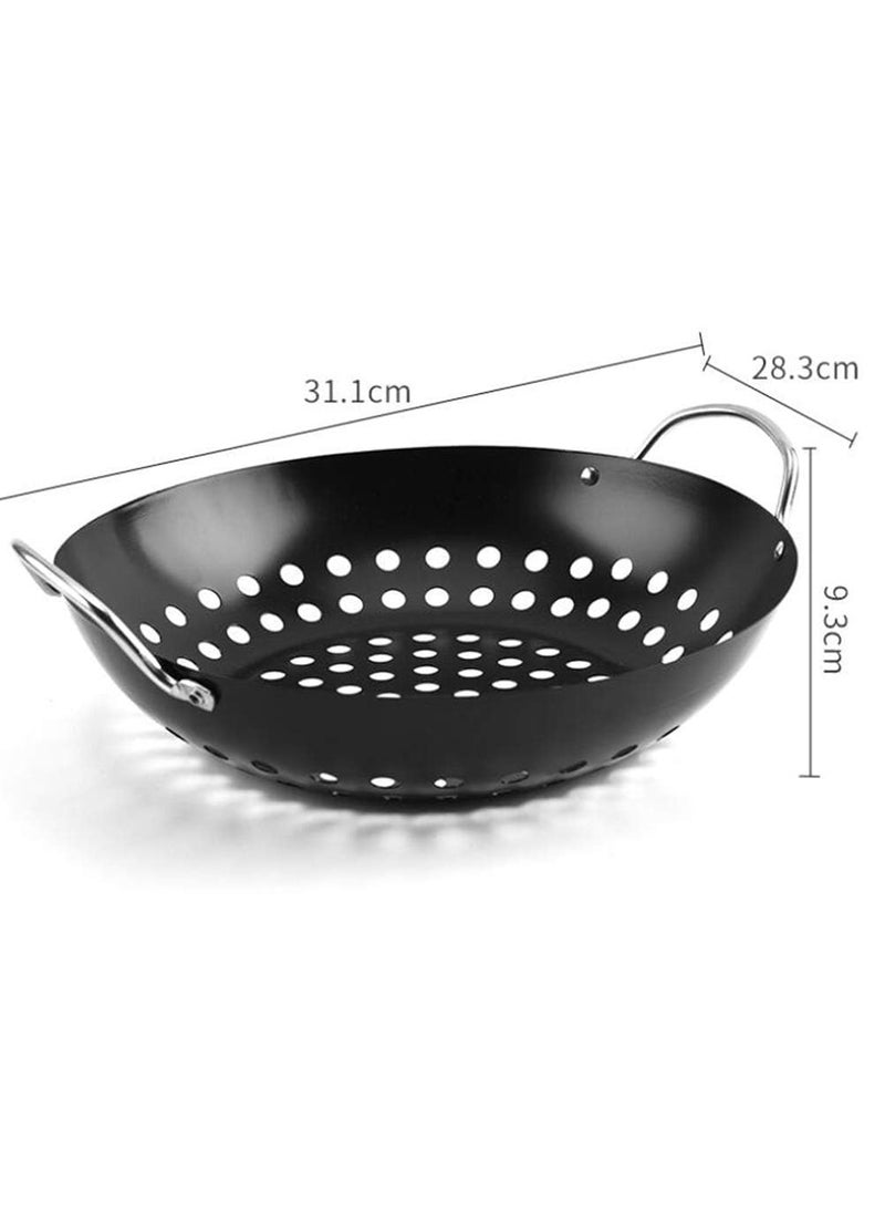 Valajogi NonStick Metal Grilling Skillet Round Grill Wok with Handle for Egg Veggie Basket BBQ Accessory Coated Handles Pan Black Outdoor Camping Cookware Barbecue Plate Meat Net Rack Roast