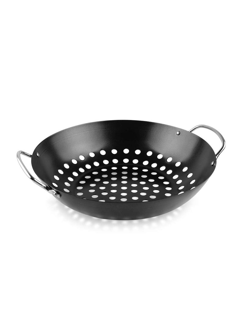 Valajogi NonStick Metal Grilling Skillet Round Grill Wok with Handle for Egg Veggie Basket BBQ Accessory Coated Handles Pan Black Outdoor Camping Cookware Barbecue Plate Meat Net Rack Roast