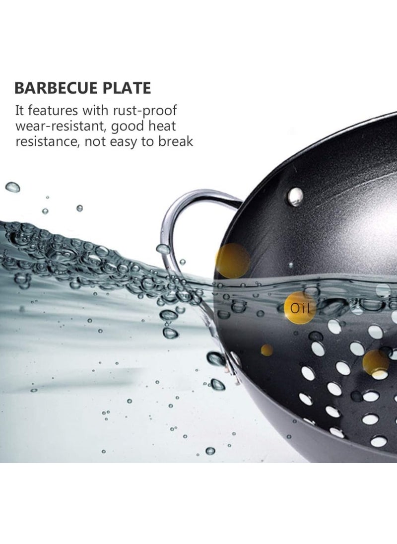 Valajogi NonStick Metal Grilling Skillet Round Grill Wok with Handle for Egg Veggie Basket BBQ Accessory Coated Handles Pan Black Outdoor Camping Cookware Barbecue Plate Meat Net Rack Roast