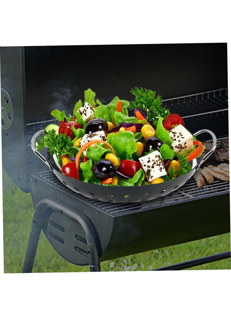 Valajogi NonStick Metal Grilling Skillet Round Grill Wok with Handle for Egg Veggie Basket BBQ Accessory Coated Handles Pan Black Outdoor Camping Cookware Barbecue Plate Meat Net Rack Roast