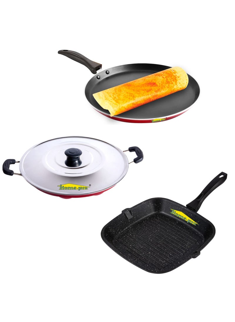 HomePro Grill Pan Dosa Tawa Red Appam Red Non Stick Combos Pot Pan Set Aluminium Set Bakelite Handle Combo Pack of 3