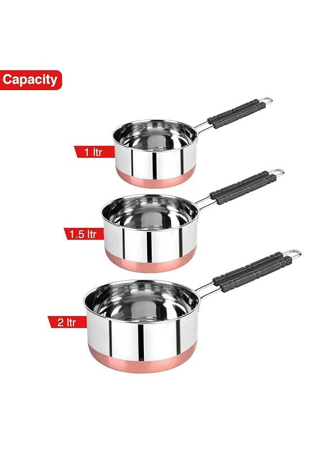 VARSHA INTERNATIONAL Stainless Steel Copper Bottom Saucepans with lids Flat Base Sauce Pan Tea Pan Milk Pan Tapeli Patila Sauce Pot Cookware with lids Combo Set of 3