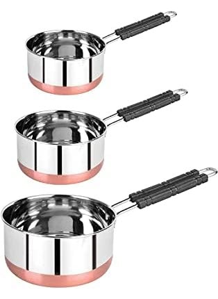 VARSHA INTERNATIONAL Stainless Steel Copper Bottom Saucepans with lids Flat Base Sauce Pan Tea Pan Milk Pan Tapeli Patila Sauce Pot Cookware with lids Combo Set of 3