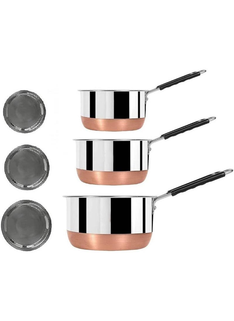 VARSHA INTERNATIONAL Set of 3 Flat Bottom Copper Base Saucepan with LidTea Coffee Pan Set Induction Bottom Cookware Set with Lid Stainless Steel 3 Piece