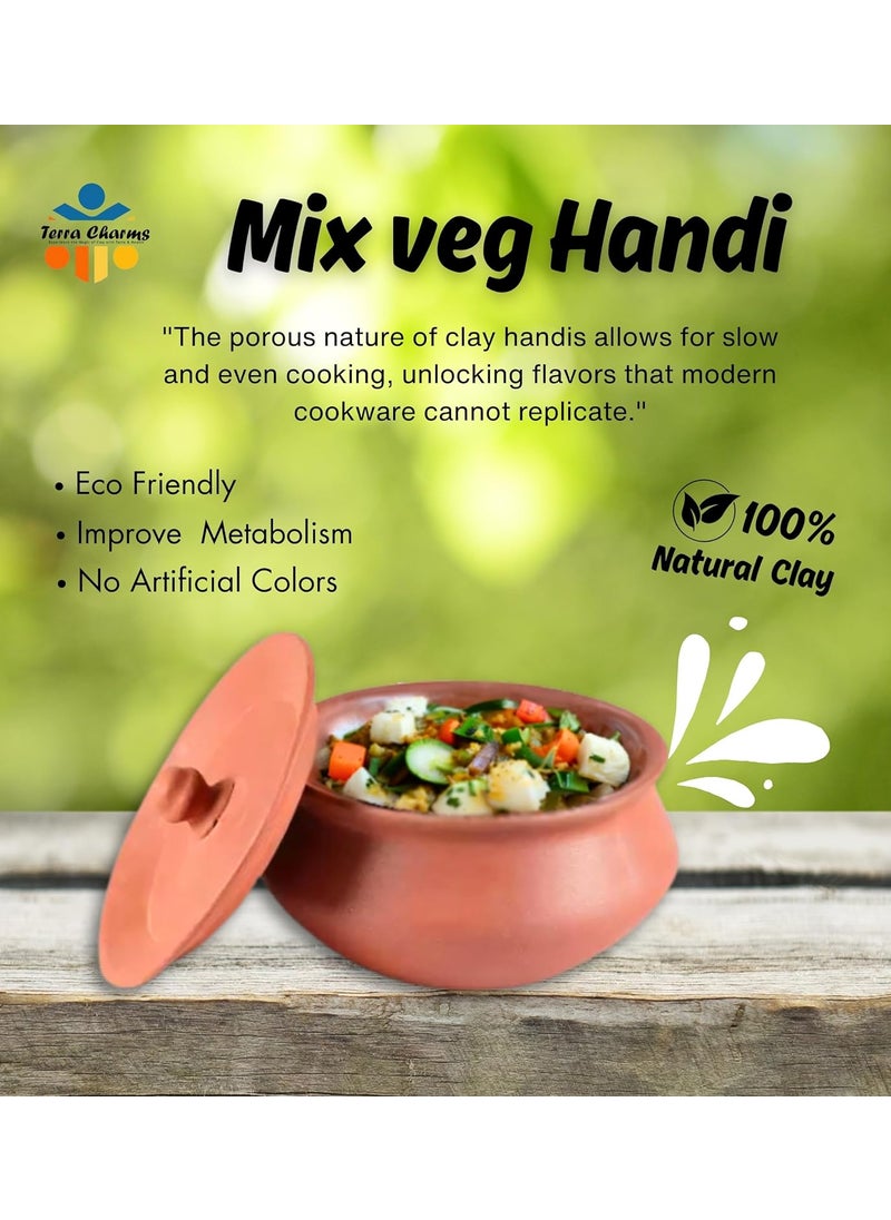 Terra Charms Terracotta Clay Pot Cooking Serving Fish Curry Hand Craft Making for Mix Veg Handi for Kitchen Light Weight Curd Bowl with Lid for Cooking Pack of 1 700ML Capacity Brown Color