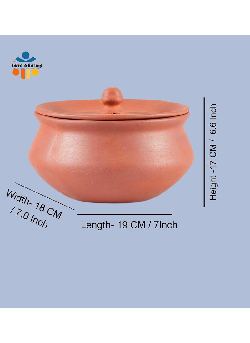 Terra Charms Terracotta Clay Pot Cooking Serving Fish Curry Hand Craft Making for Mix Veg Handi for Kitchen Light Weight Curd Bowl with Lid for Cooking Pack of 1 700ML Capacity Brown Color