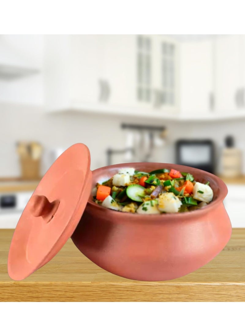 Terra Charms Terracotta Clay Pot Cooking Serving Fish Curry Hand Craft Making for Mix Veg Handi for Kitchen Light Weight Curd Bowl with Lid for Cooking Pack of 1 700ML Capacity Brown Color
