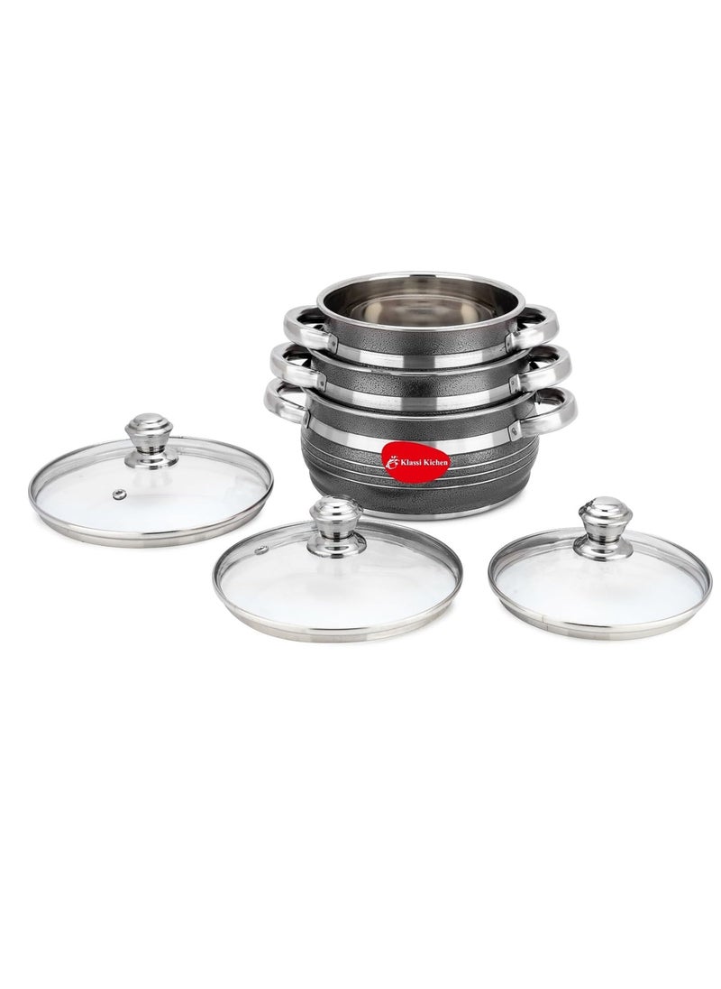 Klassi Kichen Stainless Steel Bremen Saucepot with Glass Lid 3 Pieces Capacity 115 and 2 Litre Induction and Gas Stove Friendly 2 Year WarrantyBlack
