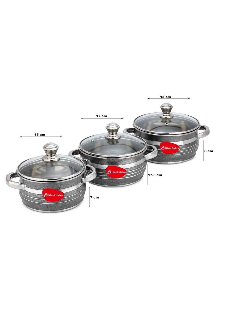 Klassi Kichen Stainless Steel Bremen Saucepot with Glass Lid 3 Pieces Capacity 115 and 2 Litre Induction and Gas Stove Friendly 2 Year WarrantyBlack