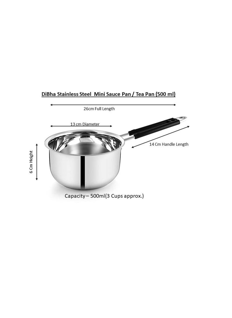 DiBha Stainless Steel Gas Compatible Heavy Base Small Sauce Pan Multipurpose Tea PanMilk PanChaidan with Lid and Strong Black PVC Riveted Handle Ideal for Daily Usage 500 ml