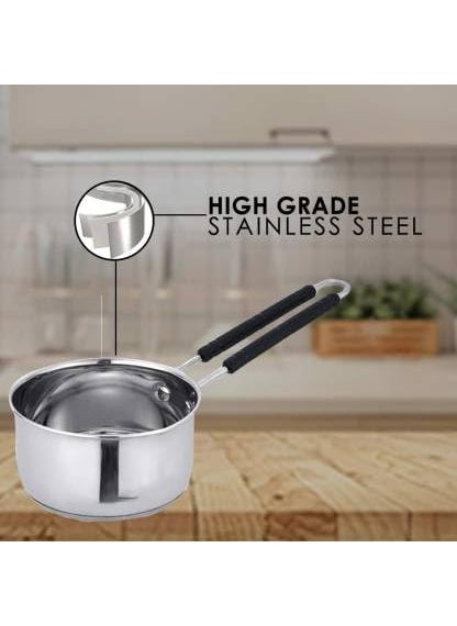DiBha Stainless Steel Gas Compatible Heavy Base Small Sauce Pan Multipurpose Tea PanMilk PanChaidan with Lid and Strong Black PVC Riveted Handle Ideal for Daily Usage 500 ml