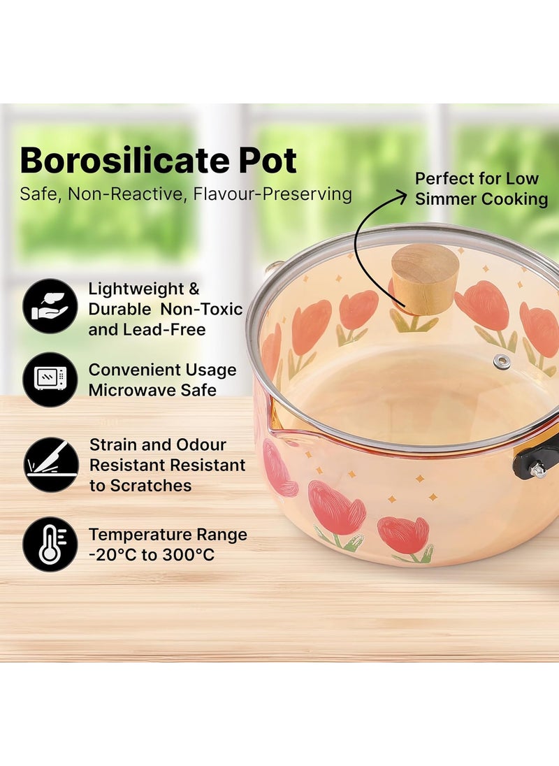 Urbane Home 2200ml Borosilicate Cooking Pot Glass Saucepan with Lid Bakelite Handle Knob MilkTea Pan for Gas Stove Induction Microwave Safe Handi Cookware