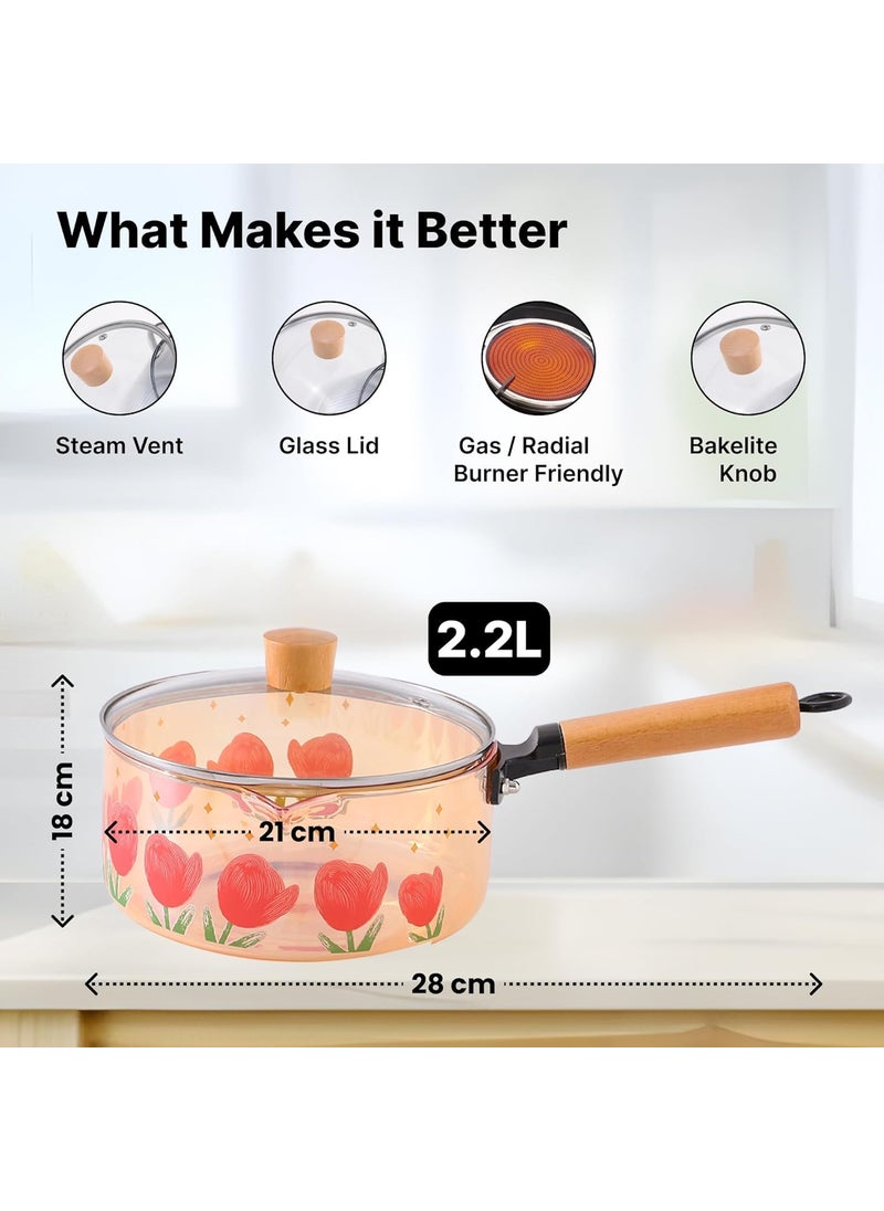 Urbane Home 2200ml Borosilicate Cooking Pot Glass Saucepan with Lid Bakelite Handle Knob MilkTea Pan for Gas Stove Induction Microwave Safe Handi Cookware