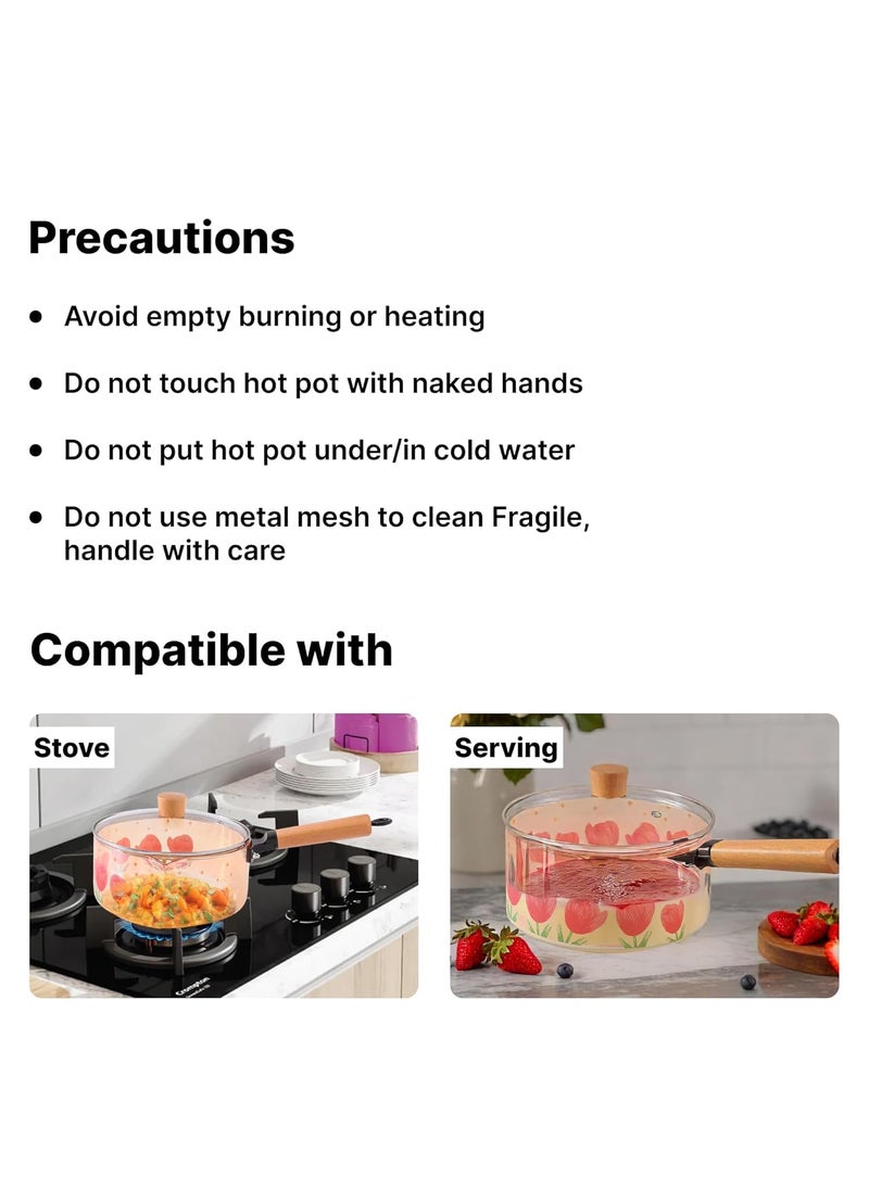 Urbane Home 2200ml Borosilicate Cooking Pot Glass Saucepan with Lid Bakelite Handle Knob MilkTea Pan for Gas Stove Induction Microwave Safe Handi Cookware