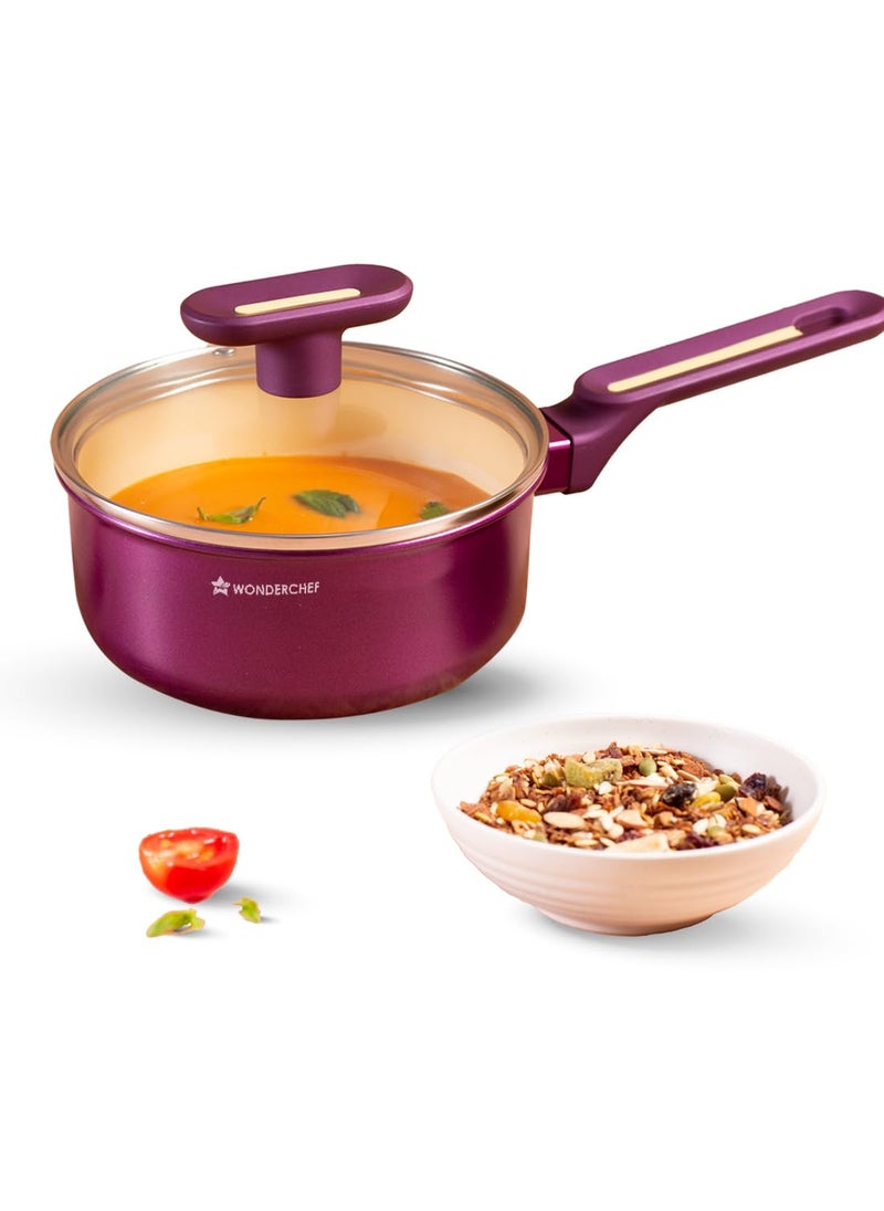 Wonderchef Bellagio Sauce Pan 16 cm 14 L NonStick Ceramic Coating NonToxic Pure Aluminium PFAS and PFOA Free 3mm Thickness TwoTone SoftTouch Handle Knob 2 Years Warranty