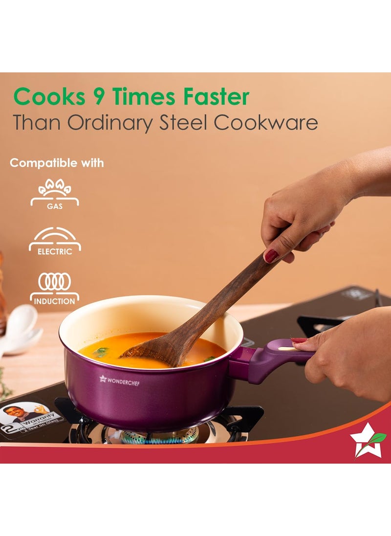 Wonderchef Bellagio Sauce Pan 16 cm 14 L NonStick Ceramic Coating NonToxic Pure Aluminium PFAS and PFOA Free 3mm Thickness TwoTone SoftTouch Handle Knob 2 Years Warranty
