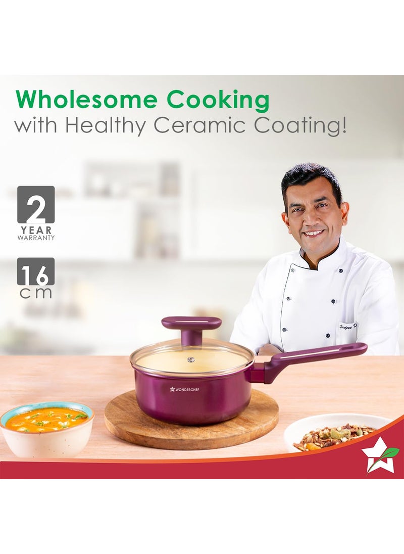 Wonderchef Bellagio Sauce Pan 16 cm 14 L NonStick Ceramic Coating NonToxic Pure Aluminium PFAS and PFOA Free 3mm Thickness TwoTone SoftTouch Handle Knob 2 Years Warranty