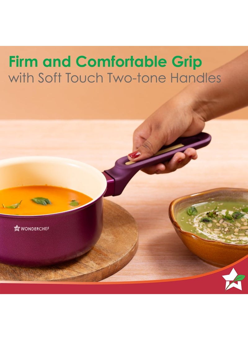 Wonderchef Bellagio Sauce Pan 16 cm 14 L NonStick Ceramic Coating NonToxic Pure Aluminium PFAS and PFOA Free 3mm Thickness TwoTone SoftTouch Handle Knob 2 Years Warranty