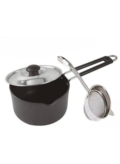 Stephy Hard Anodised Sauce PanMilk Pan185 cm 2 LTR with Aluminium Lid and Stainless Steel Strainer_Pack of 1