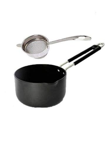 Stephy Hard Anodised Sauce PanMilk Pan185 cm 2 LTR with Aluminium Lid and Stainless Steel Strainer_Pack of 1