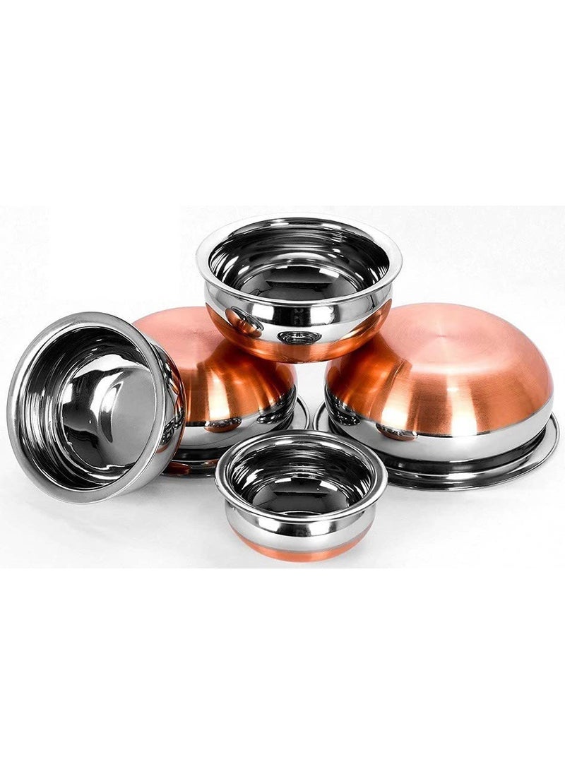 Nirvika Stainless Steel Copper Bottom Handipatila Pot Biryani Punjabi Handi Set with Lid 5 Pieces Serving Bowls with Lids Cookware Set Capacity 05 L08 L12 L15 L18 LCopper Silver