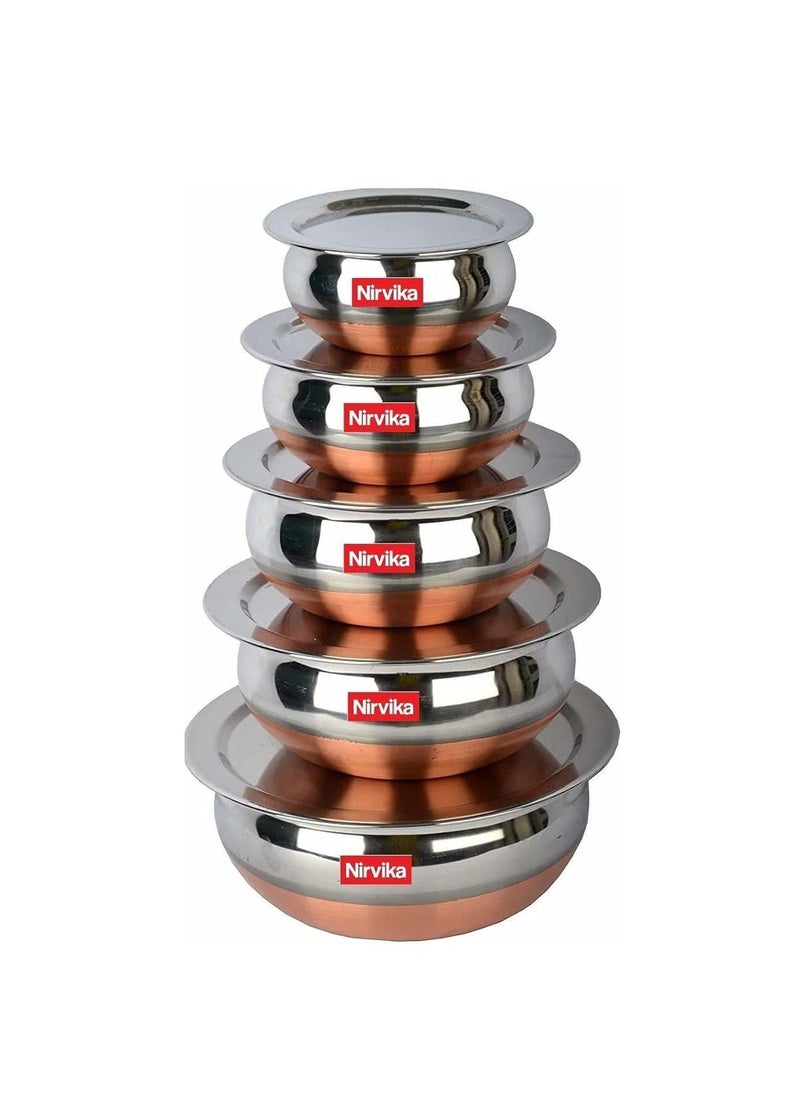 Nirvika Stainless Steel Copper Bottom Handipatila Pot Biryani Punjabi Handi Set with Lid 5 Pieces Serving Bowls with Lids Cookware Set Capacity 05 L08 L12 L15 L18 LCopper Silver