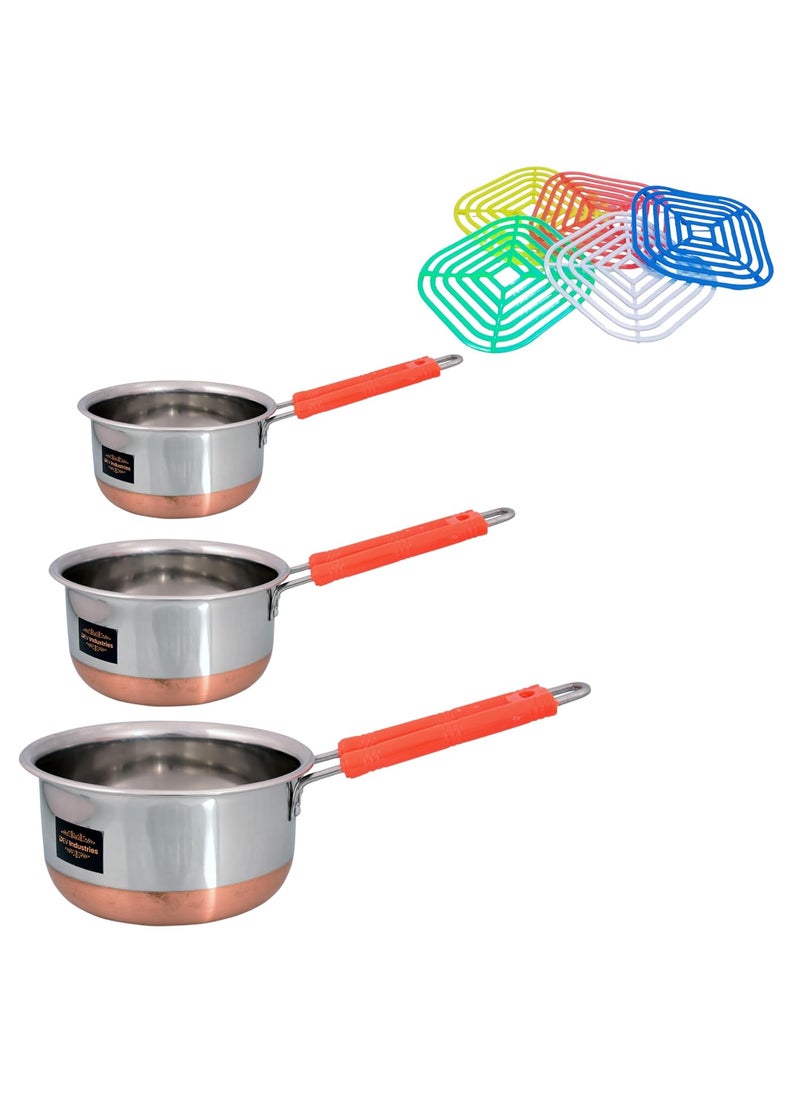 Dev Industries Steel Copper Bottom Sauce Pan Flat Base Sauce Pan Tea Pan Milk Pan Tapeli Patila Sauce Pot Cookware with Handle 1000 ml1200ML1500ML with 2 Pcs Table Mate Multicolors Free