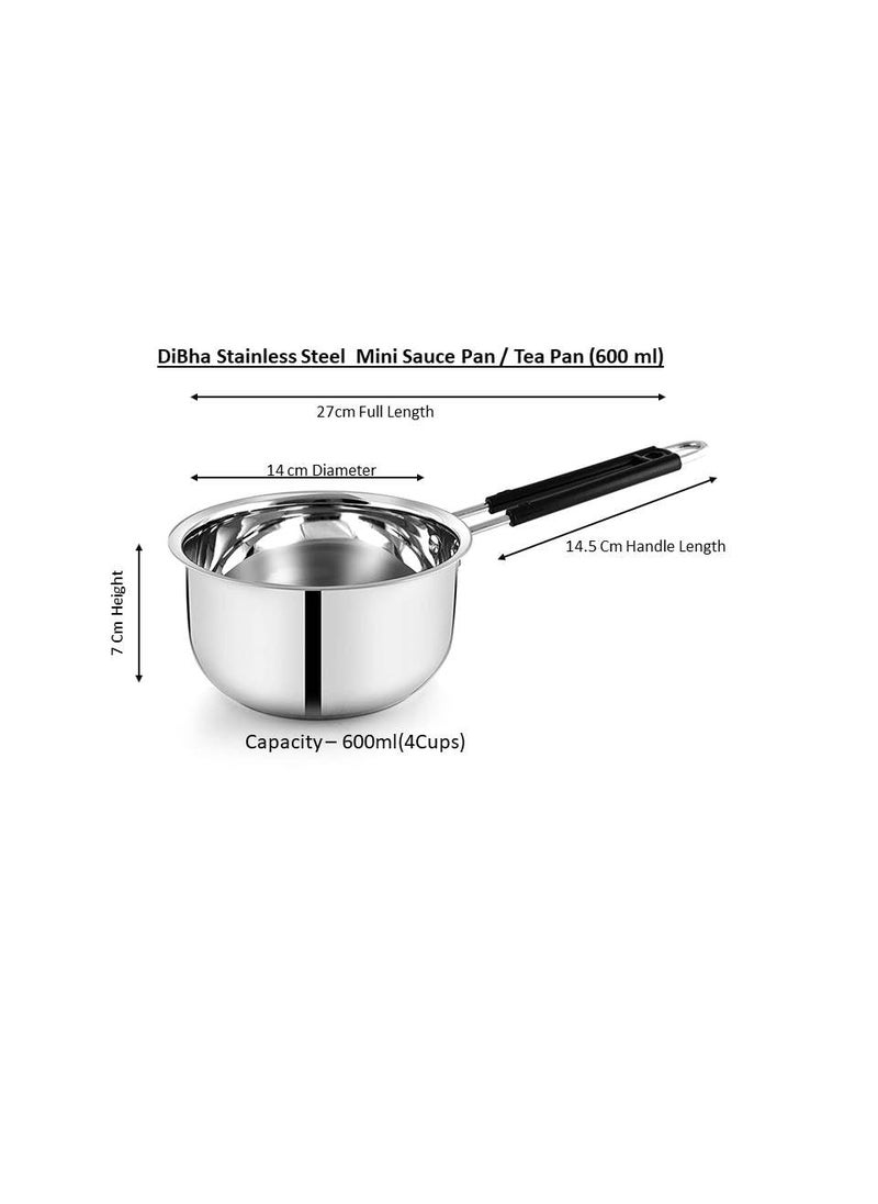 DiBha Stainless Steel Gas Compatible Heavy Base Small Sauce Pan Multipurpose Tea PanMilk PanChaidan with Lid and Strong Black PVC Riveted Handle Ideal for Daily Usage 600 ml