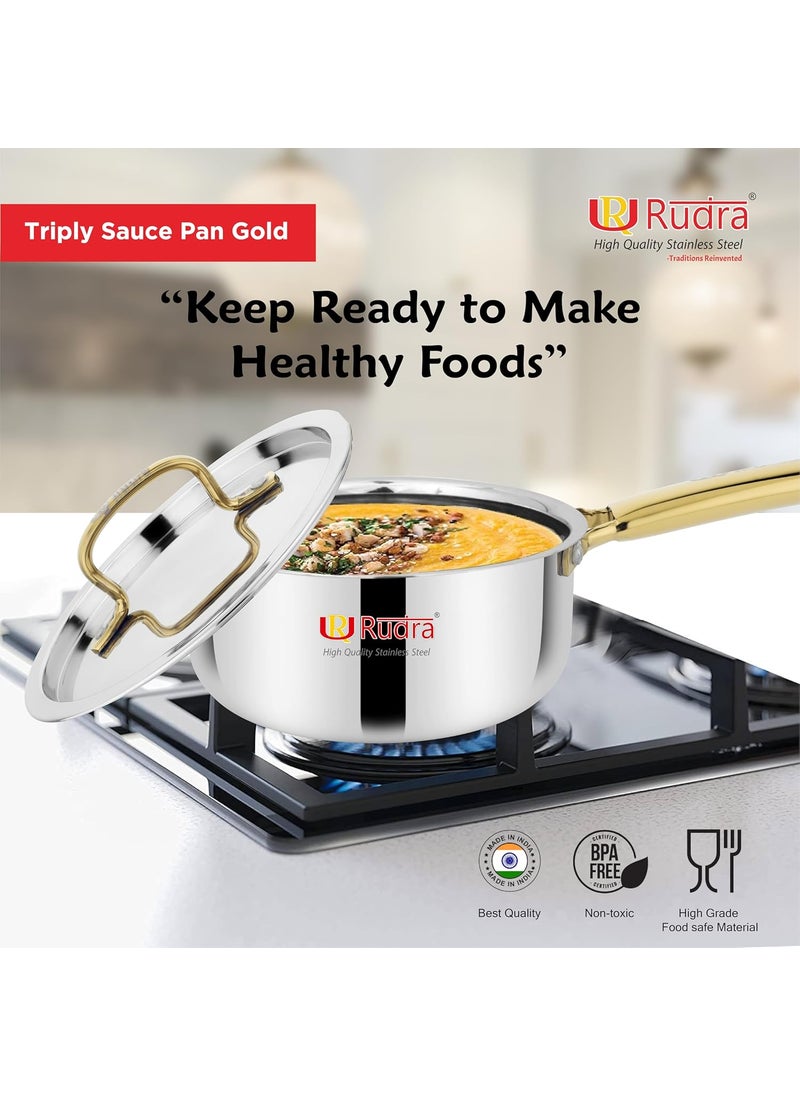 Rudra Triply Stainless Steel Cookware Saucepan Gold with Lid 25mm Thick Tea Chai Milk Pan for Boiling Induction Base 5 Years Warranty 14 cm