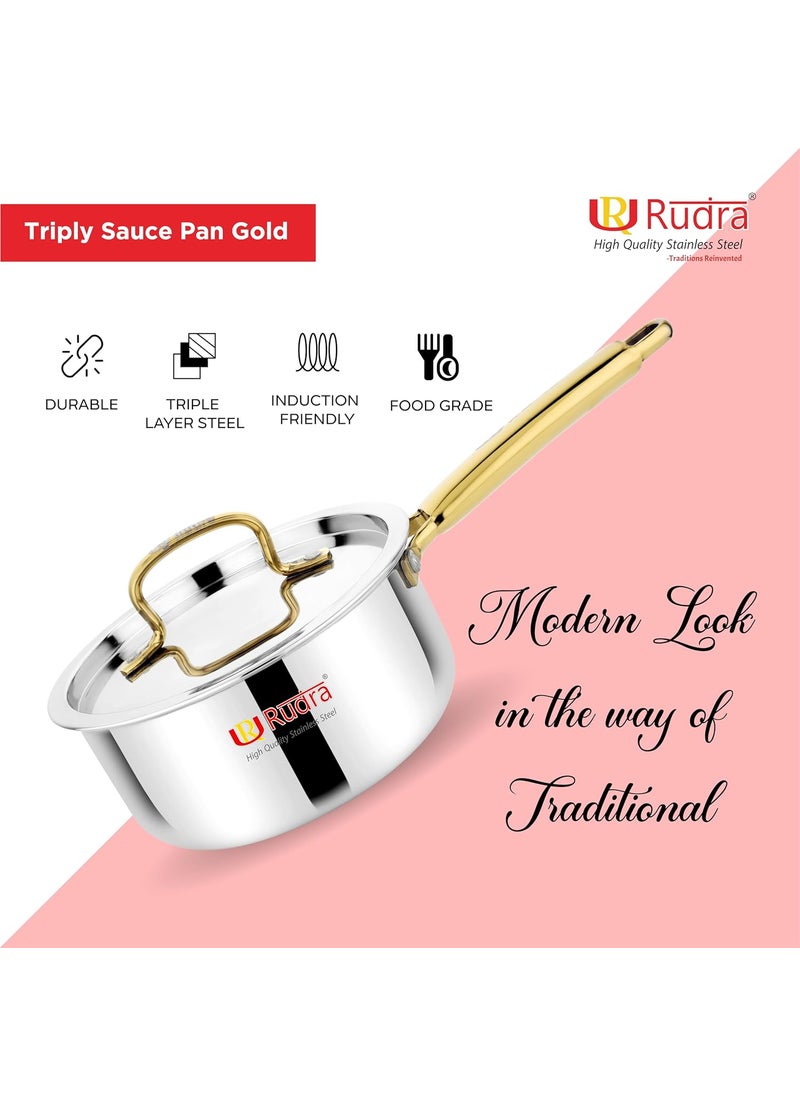 Rudra Triply Stainless Steel Cookware Saucepan Gold with Lid 25mm Thick Tea Chai Milk Pan for Boiling Induction Base 5 Years Warranty 14 cm